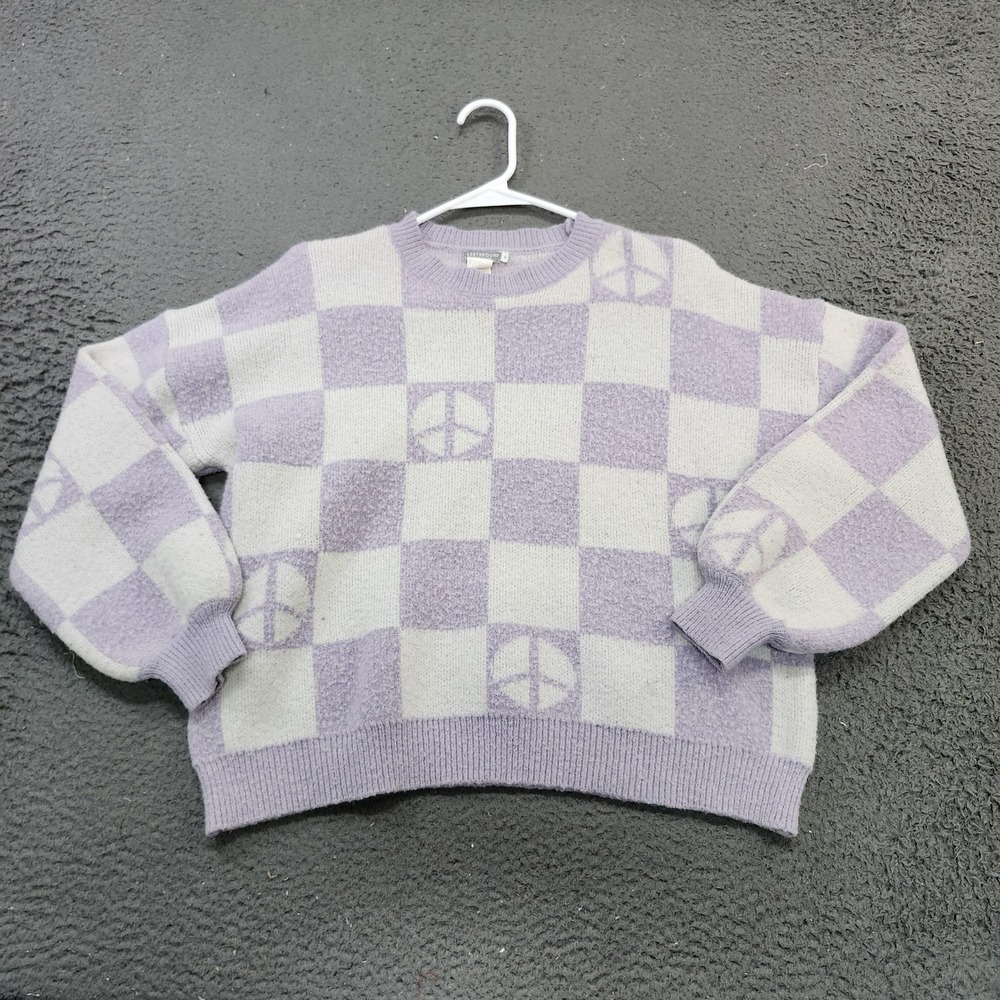 Earthbound Trading Co Sweater Womens Small Purple Peace Check Knit Pullover